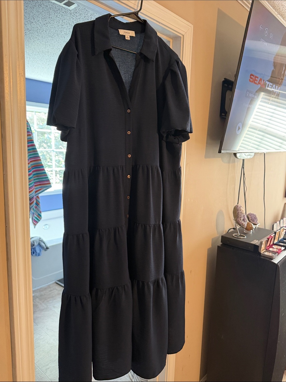 CeCe Black Tiered Button-Front Maxi Dress